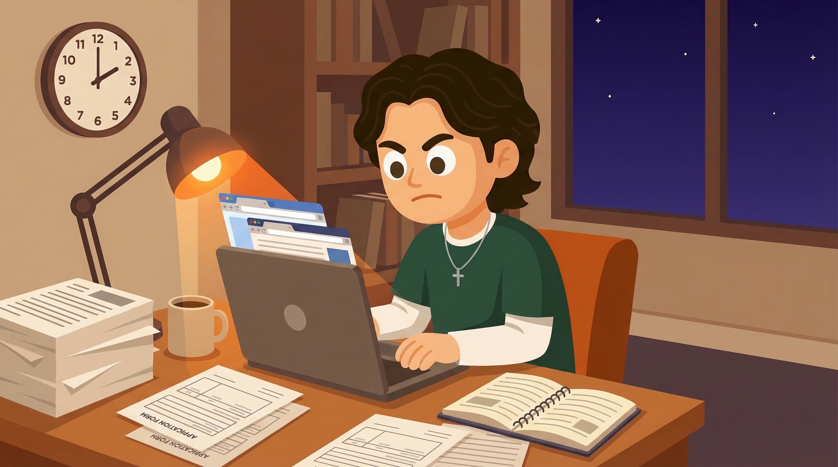 Student working intensely at a desk with applications