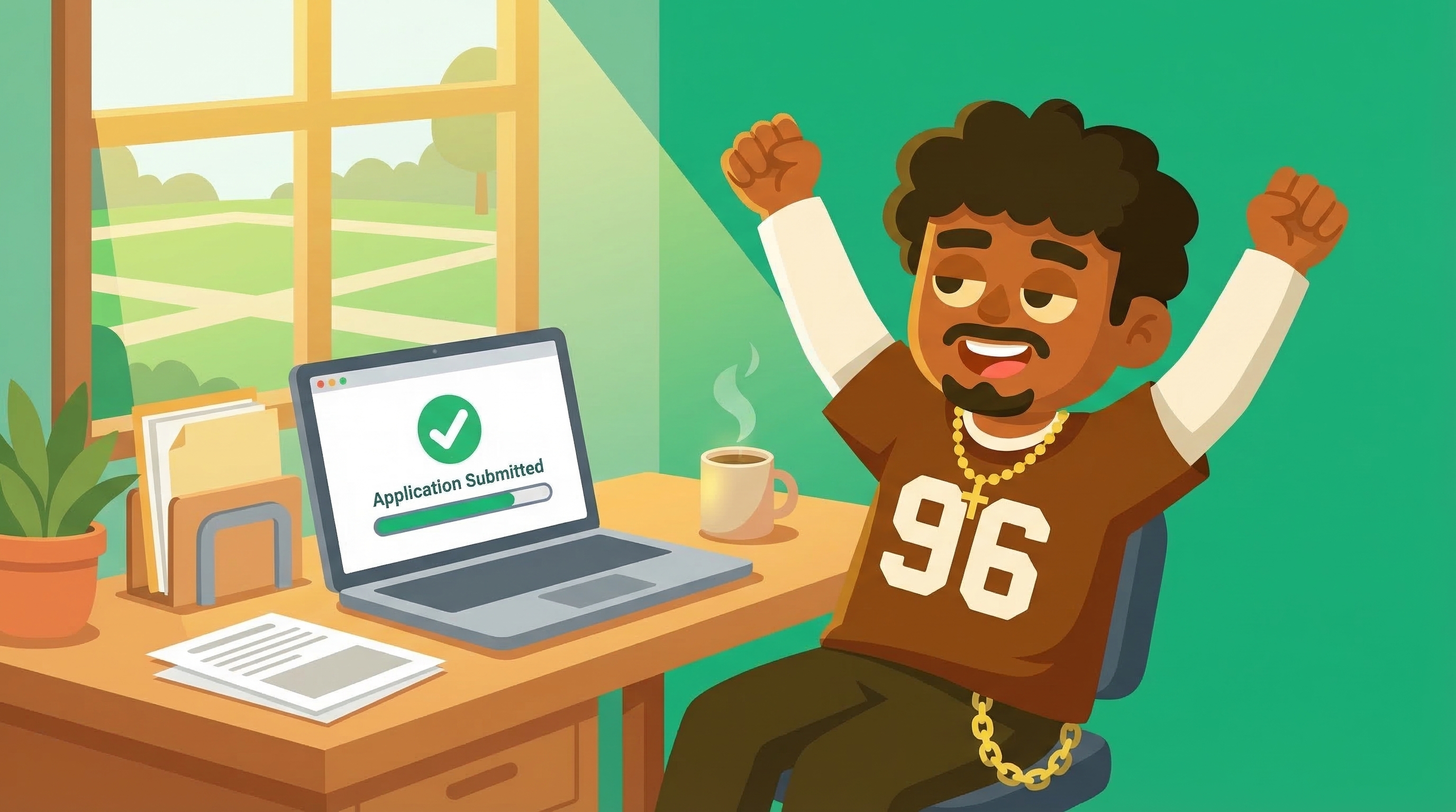 Student hitting submit on laptop, celebrating