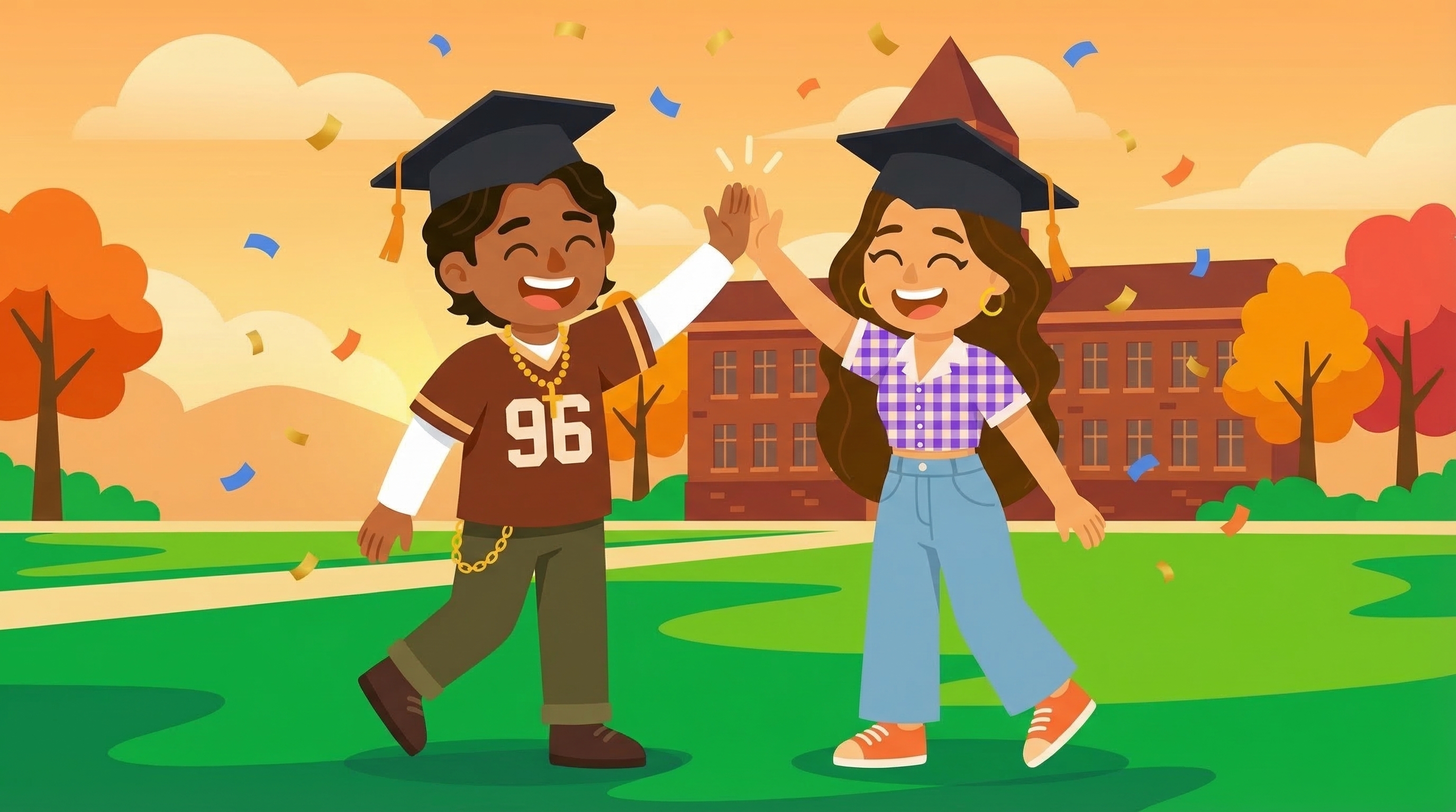 Two students celebrating graduation