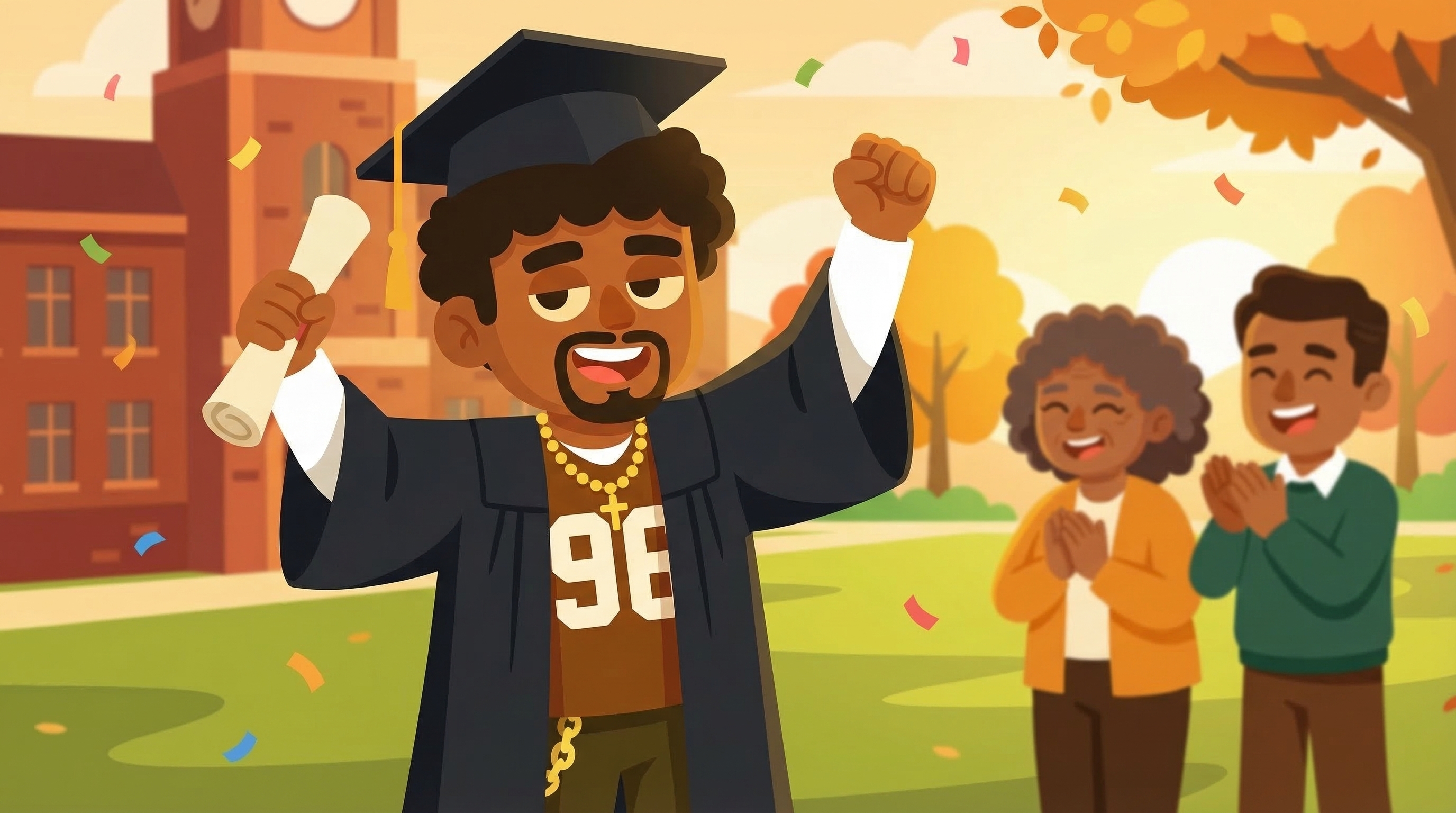 Student graduating with family cheering