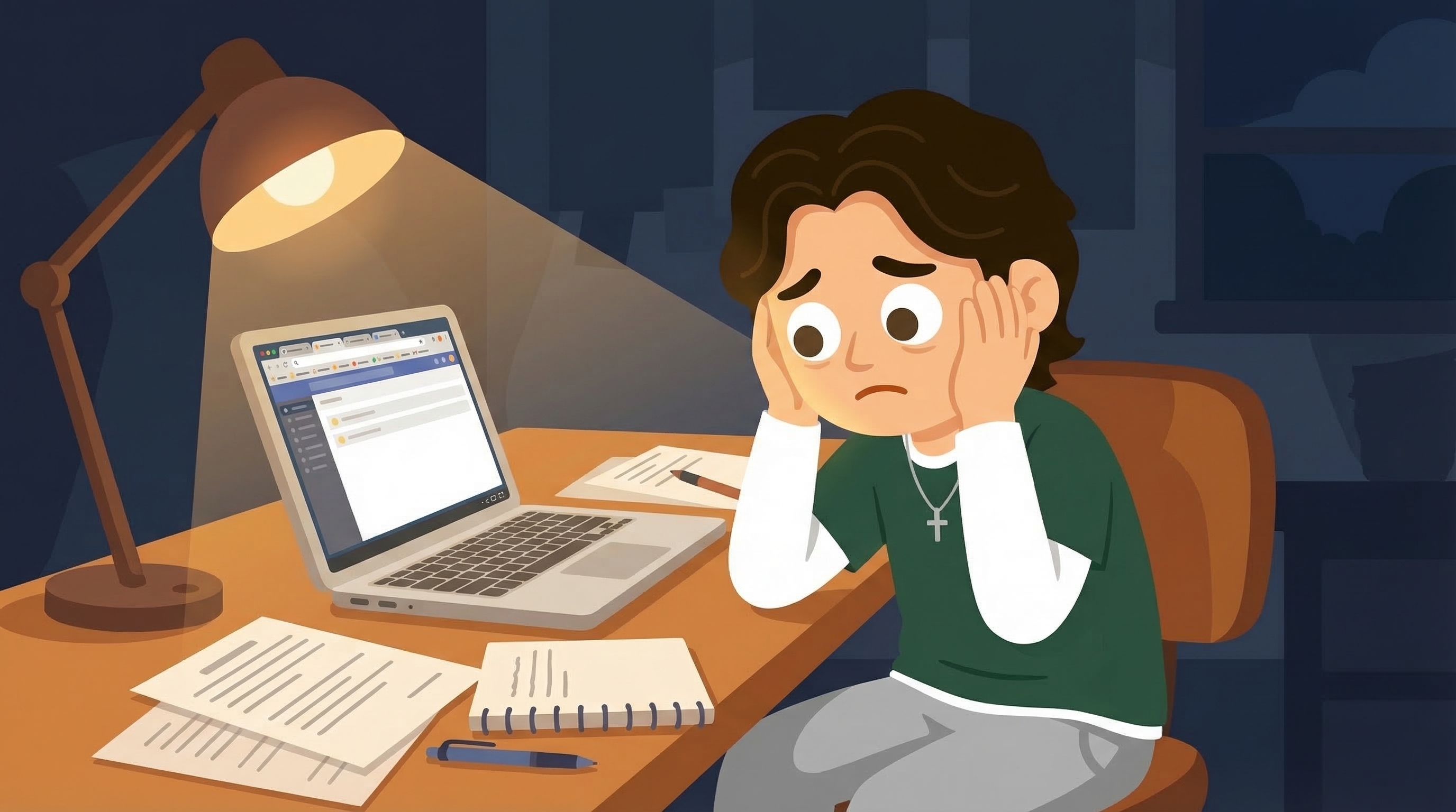 Student overwhelmed at desk late at night