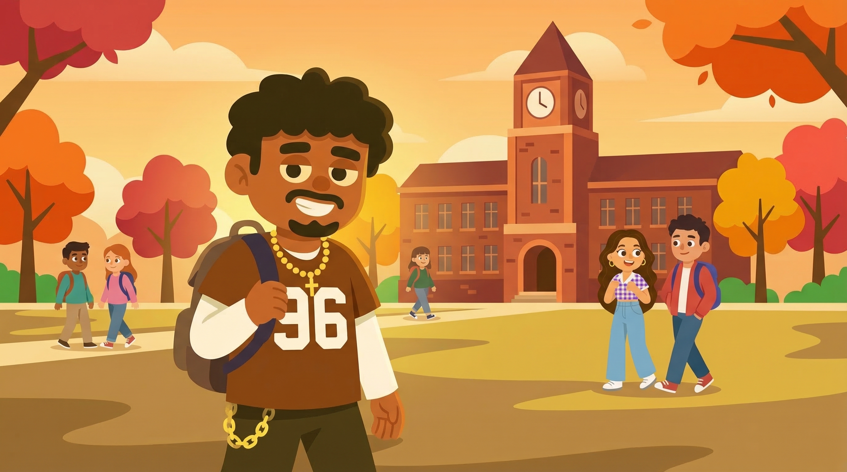 Student on a college campus looking confident with a backpack