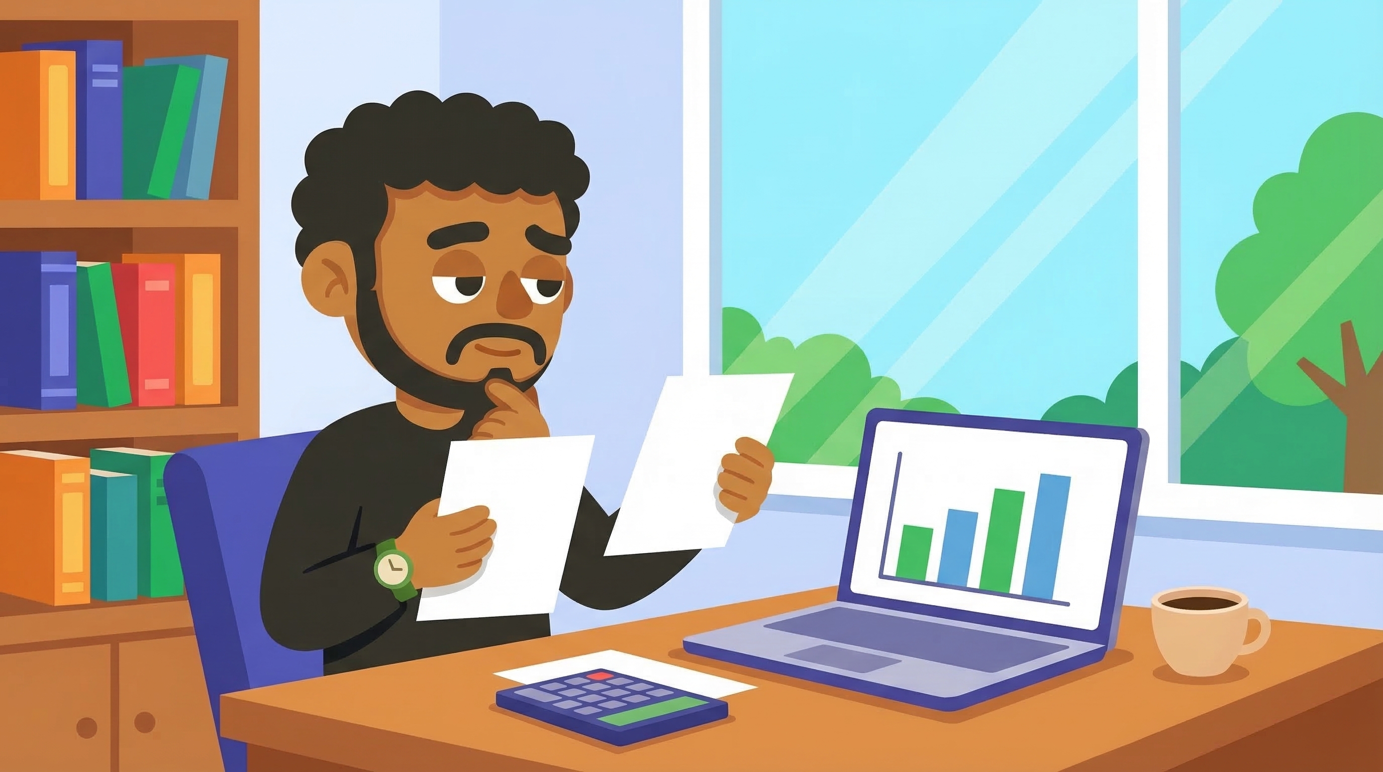 Student thoughtfully comparing financial aid letters at a desk