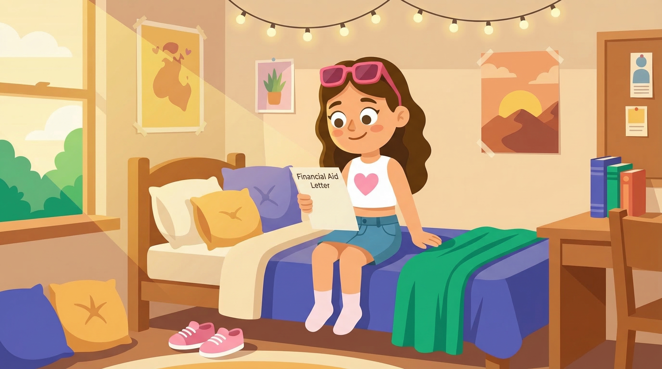 Student opening a financial aid letter with relief