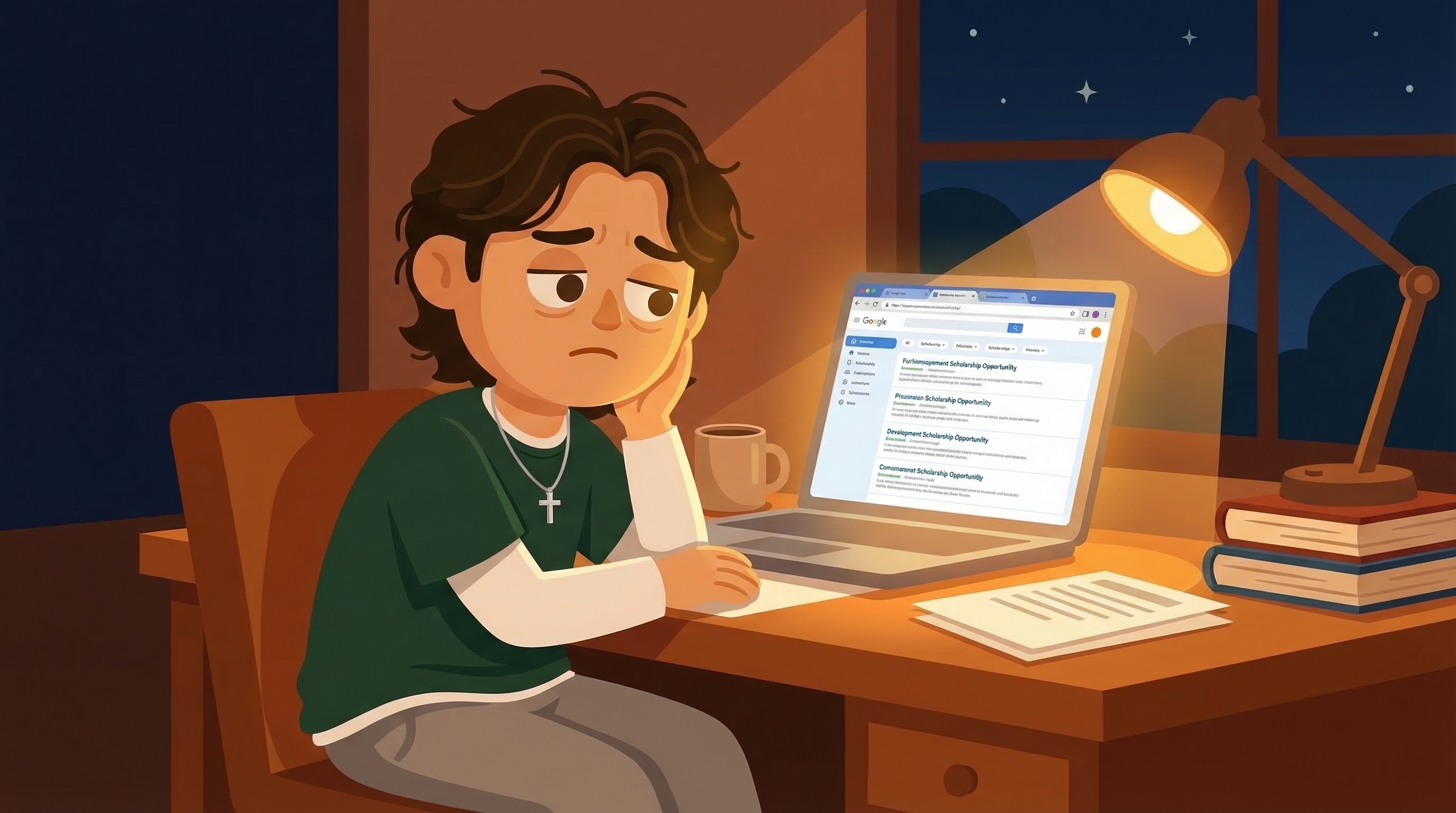 Student searching for scholarships late at night
